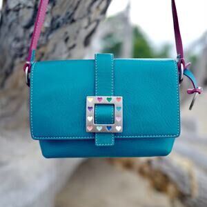 Vintage Dooney & Bourke Y2K Mini Enamel Heart Blue Leather Shoulder Baguette Bag